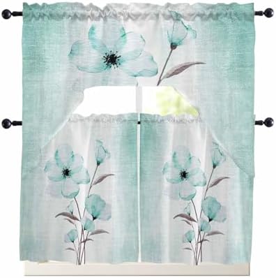Teal Green Floral Curtains Set - Swag Valance and Tier Panels 24 Inch