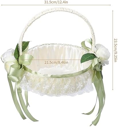Wedding Flower Girl Basket with Lace and Green Bow