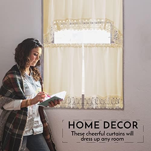 American Linen Caf Curtains with Valance and Lace Border Beige