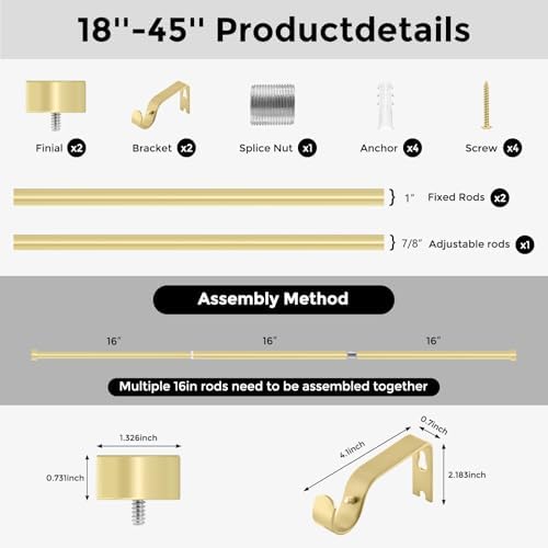 Heavy Duty Brass Curtain Rods 18-45 Inch Adjustable Single Rods