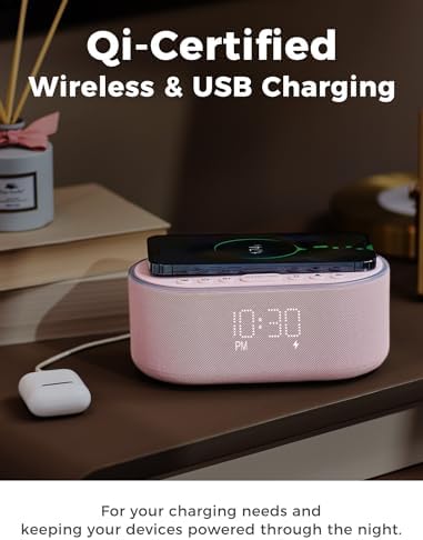 Wireless Charging Alarm Clock Radio with 10W Speaker and FM Radio - Pink