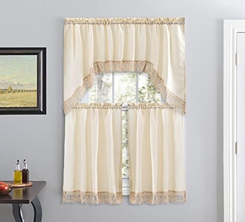 American Linen Caf Curtains with Valance and Lace Border Beige