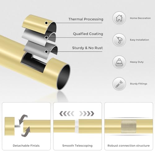Heavy Duty Brass Curtain Rods 18-45 Inch Adjustable Single Rods