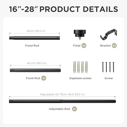 Joydeco Black Curtain Rods for Windows - Adjustable 120 Inch Single Rod Set