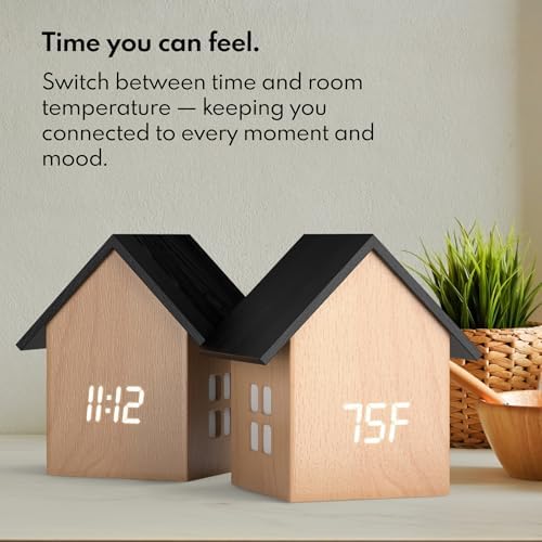 Driini Digital House Alarm Clock with Temperature Display - Light Wood Finish