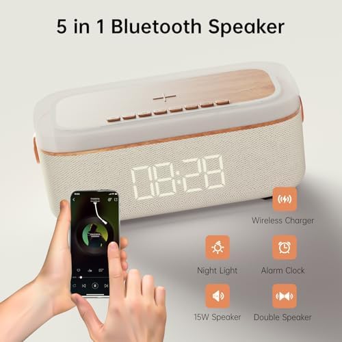 LOVME 5-in-1 Alarm Clock with Bluetooth Speaker and Wireless Charger