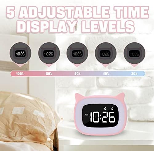 Pink Cat Alarm Clock with Night Light for Kids