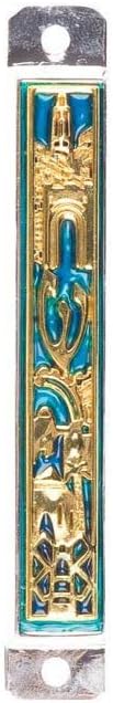Judaica Enamel Mezuzah Door Ornament Blue Gold 275 Inch