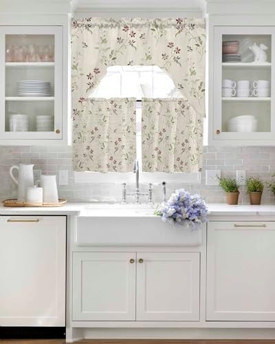 Flower Leaves Kitchen Curtain Set with Swag and Valance