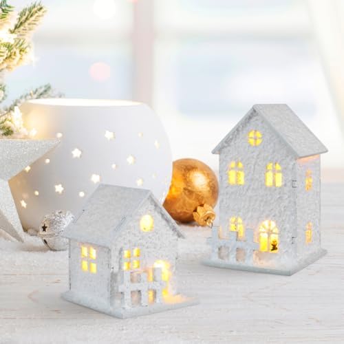 TOYANDONA 3Pcs LED Lighted Wooden Christmas Village Houses