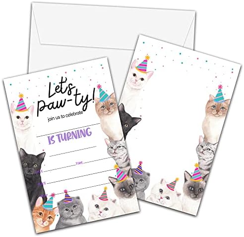 Cat Birthday Invitations with Envelopes 20 Pack