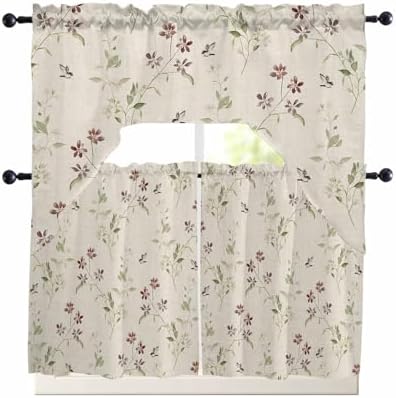 Flower Leaves Kitchen Curtain Set with Swag and Valance