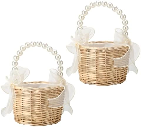 2PCS Wicker Rattan Flower Girl Basket with Pearl Handle