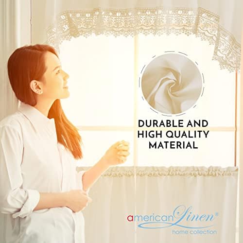American Linen Caf Curtains with Valance and Lace Border Beige