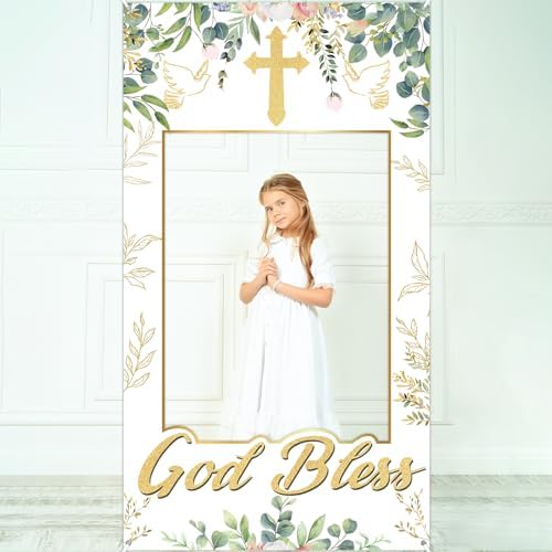 God Bless Baptism Photo Booth Backdrop Greenery Eucalyptus 3x6ft