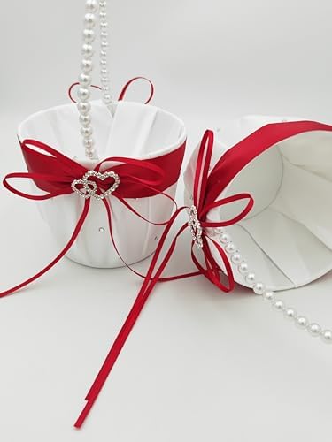2 Pcs Wedding Flower Girl Baskets with Pearl Handle Red