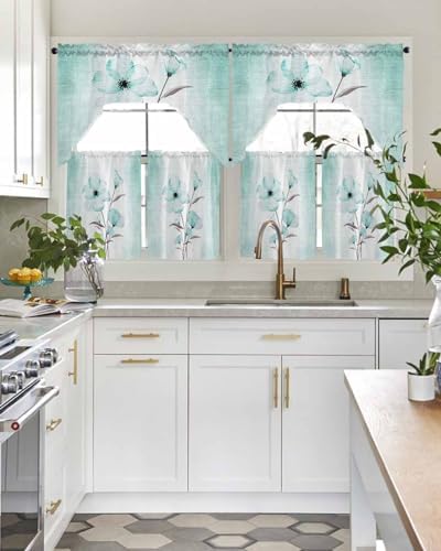 Teal Green Floral Curtains Set - Swag Valance and Tier Panels 24 Inch