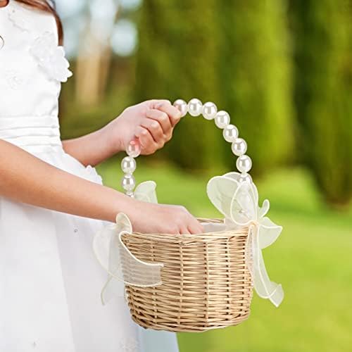 2PCS Wicker Rattan Flower Girl Basket with Pearl Handle