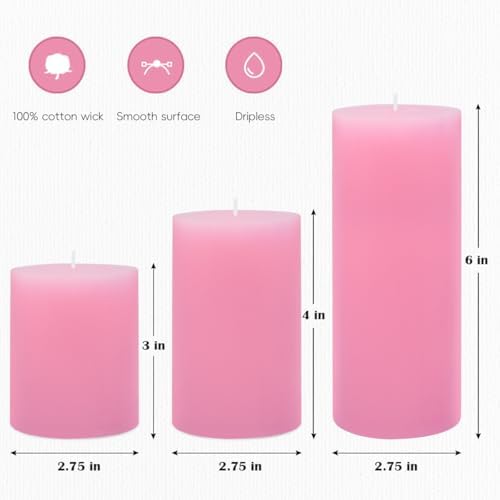 3 Packs Pink Pillar Candles in Different Sizes