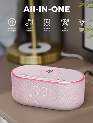 Wireless Charging Alarm Clock Radio with 10W Speaker and FM Radio - Pink
