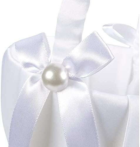 White Flower Girl Basket with Satin Bowknot and Pearl Design