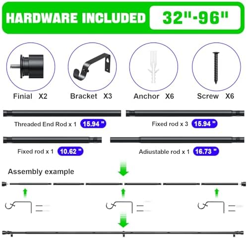 Adjustable Black Curtain Rods 32 to 96 Inches