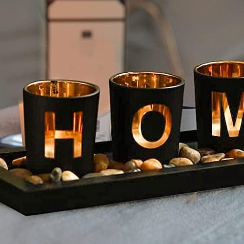 MrMrKura Decorative Candle Holder Set with Wood Tray and Stones