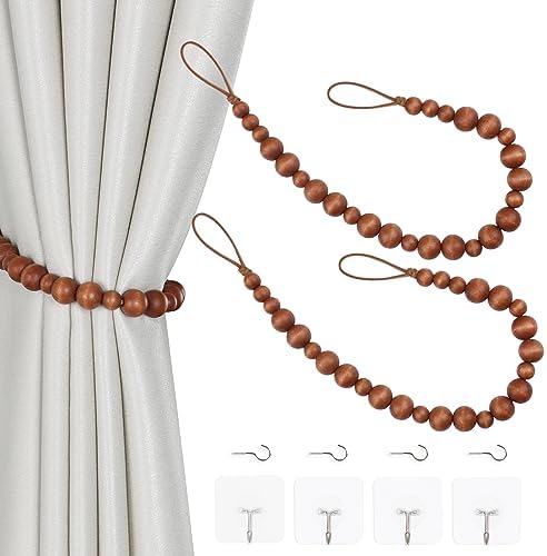 OCIOLI 2 Piece Wood Bead Curtain Tiebacks with Hooks