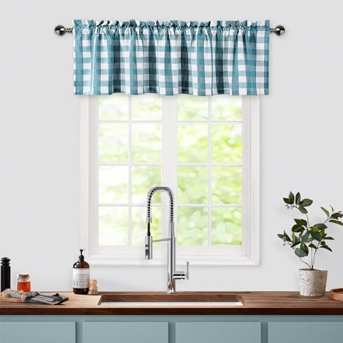 Teal Dark Blue Buffalo Check Valance Curtains 55x15