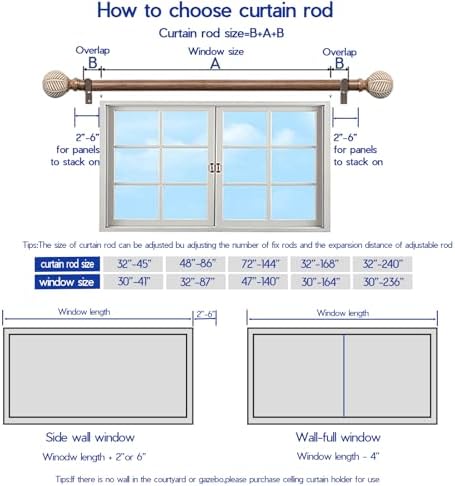 Adjustable Wood Curtain Rods 48-86 Inches Single Rod with Leaf Finials