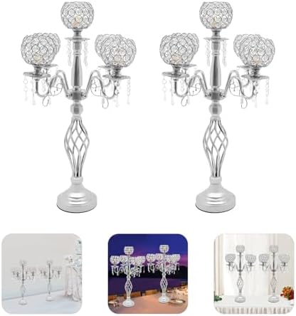 DYNAMI 2Pcs Crystal Candelabra Centerpieces Silver