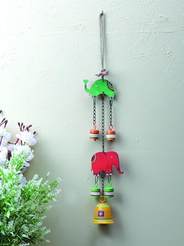 Hand Painted Elephant Metal Bells Set - 22 Inch Hanging Ornament