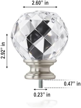 Brushed Nickel Faceted Gunmetal Crystal Curtain Rod Finials Set of 2