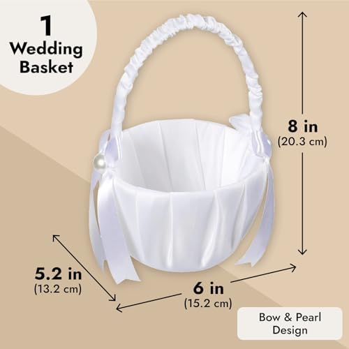 White Flower Girl Basket with Satin Bowknot and Pearl Design