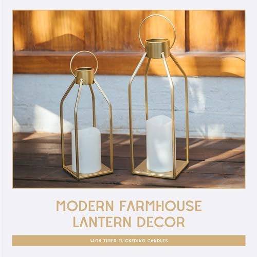 Modern Farmhouse Gold Metal Candle Lanterns with Timer