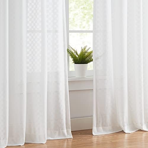 Melodieux Off White Gingham Sheer Curtains 54x54 Inch 2 Panels