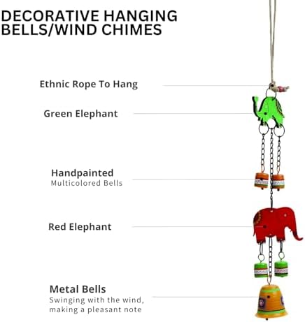 Hand Painted Elephant Metal Bells Set - 22 Inch Hanging Ornament