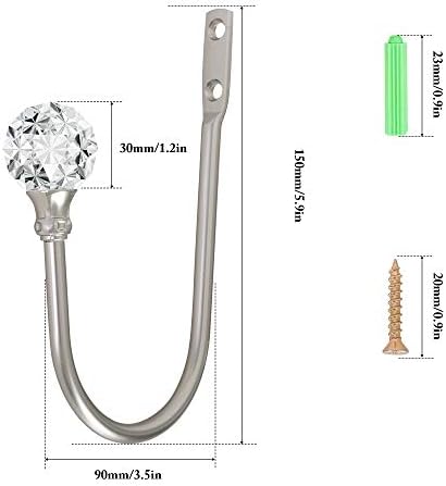 2pcs Curtain Holdback with Clear Crystal Ball Heavy Duty Metal Drapery Holder Hooks