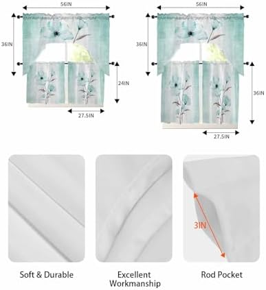 Teal Green Floral Curtains Set - Swag Valance and Tier Panels 24 Inch