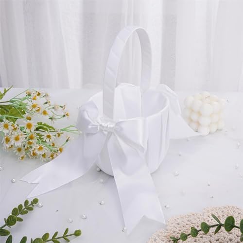 QIRMIZI Wedding Ring Pillow and Flower Girl Basket Set - Butterfly Knot White Satin