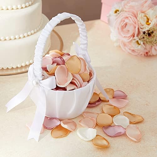 White Flower Girl Basket with Satin Bowknot and Pearl Design