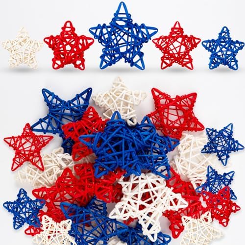 18pcs Patriotic Rattan Star Decorations Red Blue White