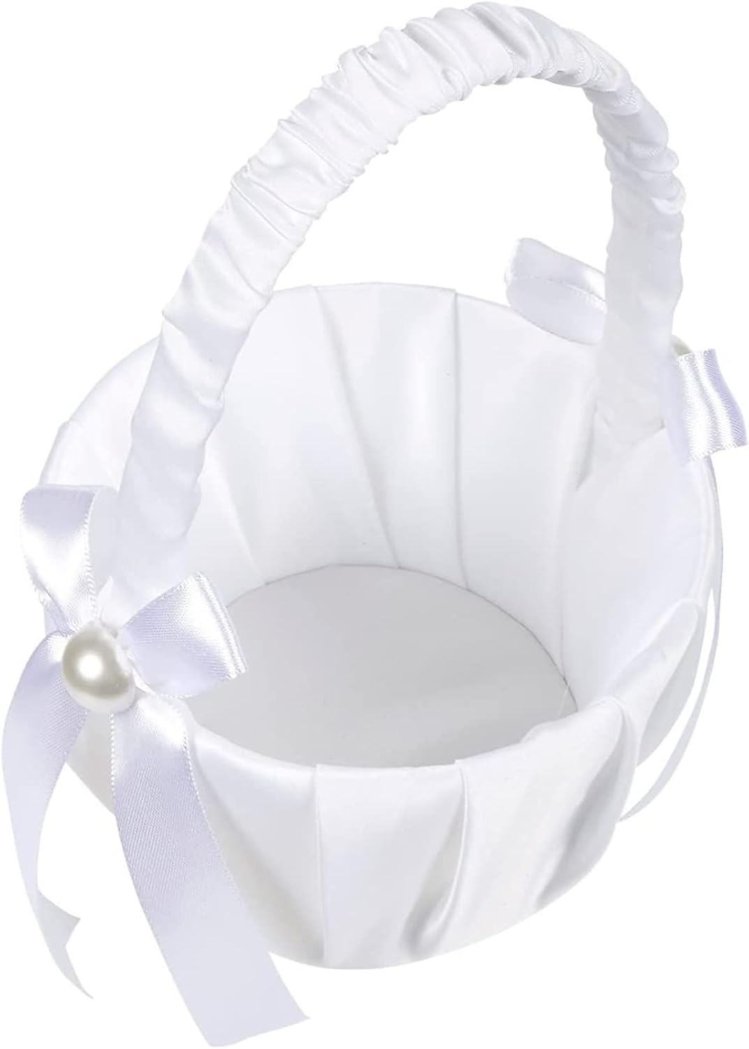 White Flower Girl Basket with Satin Bowknot and Pearl Design