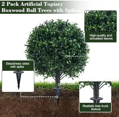 Artificial Boxwood Ball Bush with Spike for Outdoor Set of 2