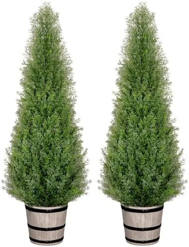 4FT Artificial Cedar Topiary Trees with Barrel Planter Set of 2