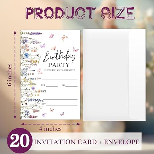 Floral Birthday Invitations 20 Pack with Envelopes