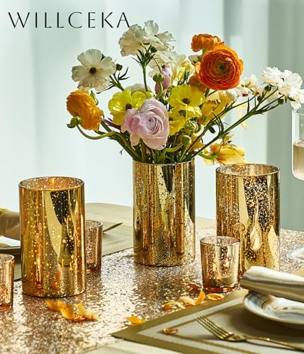 Gold Candle Holder Hurricane Cylinder Vase Set of 6 for Wedding Centerpieces