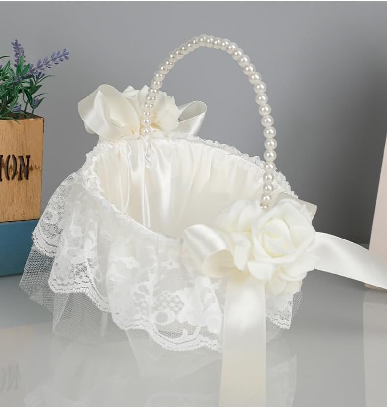 Elegant Wedding Flower Girl Basket with Pearl Handle