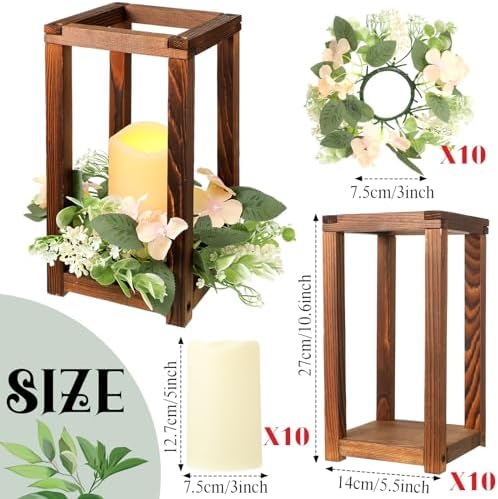 Hushee 30 Pcs Wooden Wedding Lantern Centerpiece with Candles and Wreaths Brown