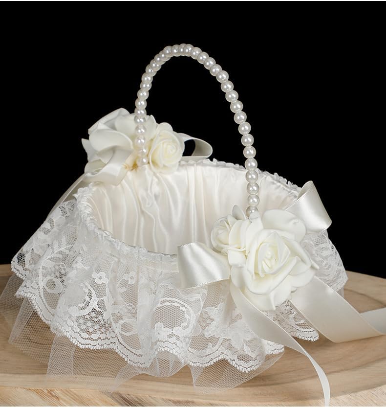 Elegant Wedding Flower Girl Basket with Pearl Handle